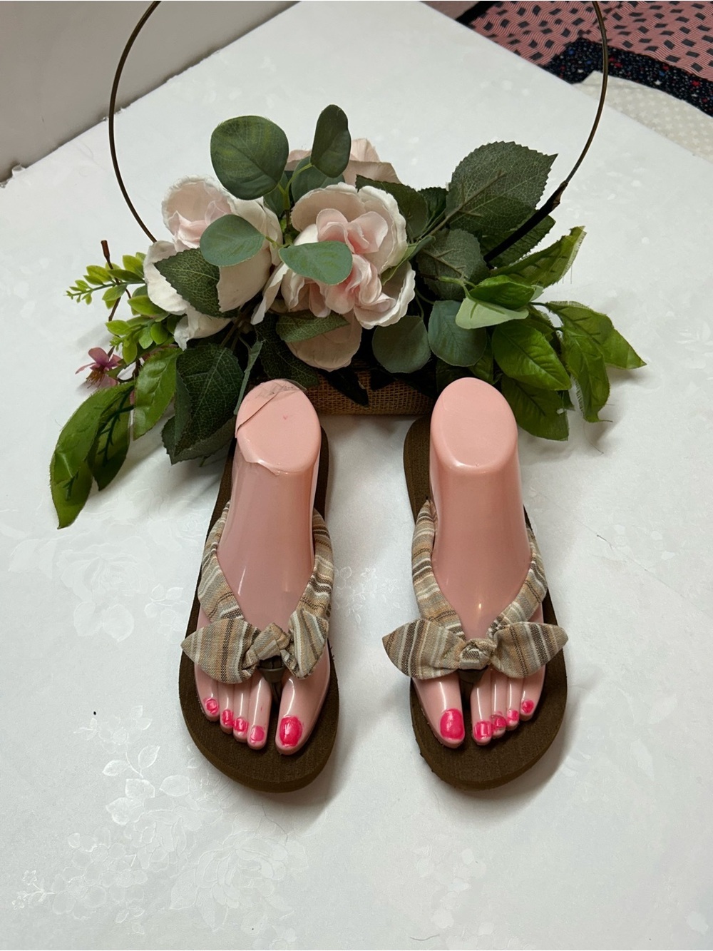 Womens Brown Wedge Flip Flop Sandals with Beige Striped Bow